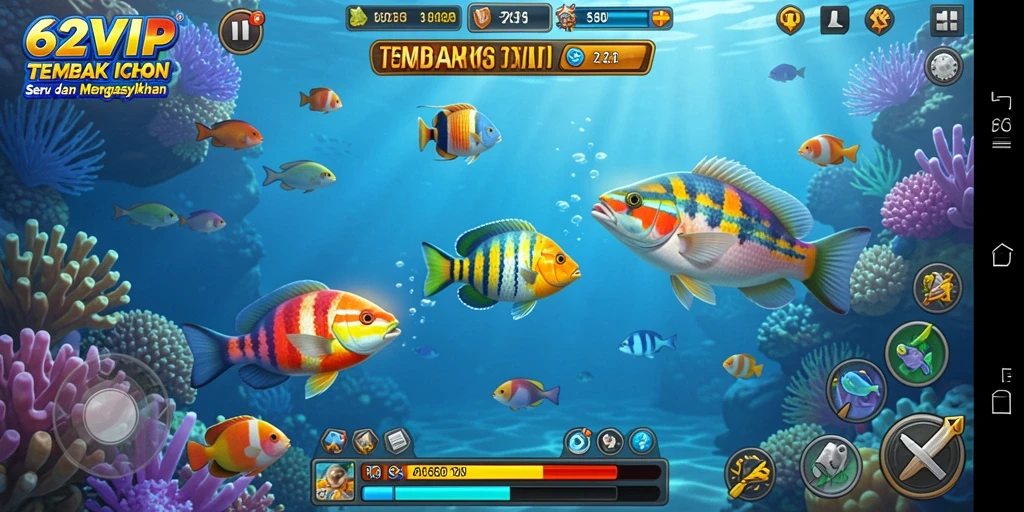 Tampilan gameplay yang seru dalam 62VIP, menunjukan aksi menembak ikan.
