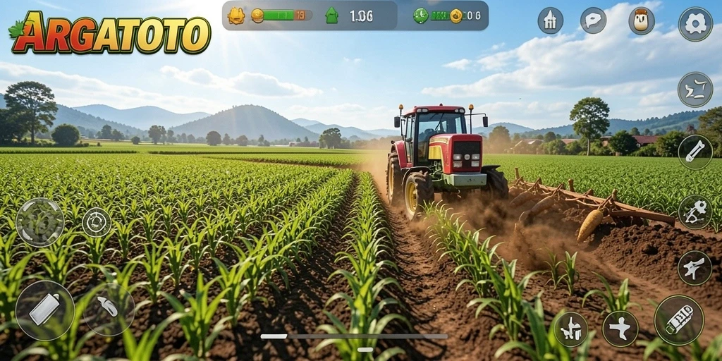 Tampilan gameplay ARGATOTO menunjukkan dunia pertanian yang penuh warna dan detail.