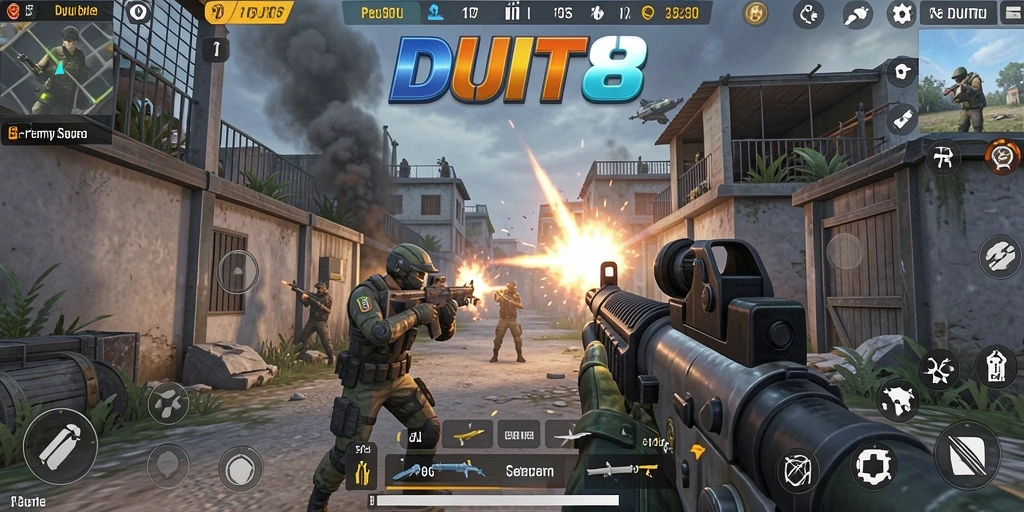 Screenshot gameplay DUIT8 menampilkan aksi menembak yang intens.