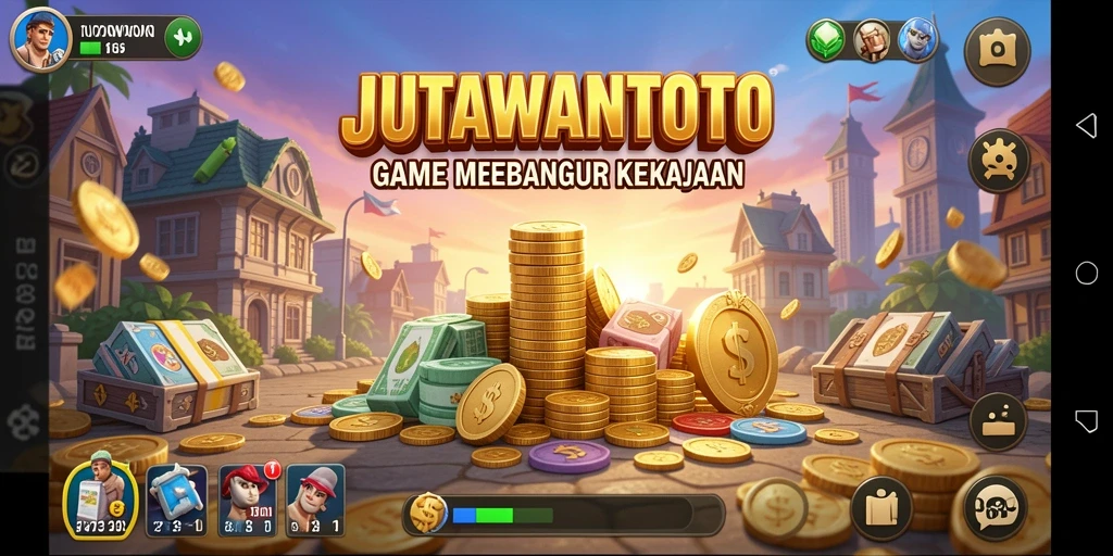Tampilan gameplay seru dalam JUTAWANTOTO yang menunjukkan manajemen bisnis.